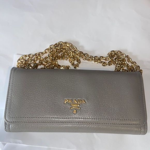Prada Handbags - Prada Gray Saffiano Leather Wallet with D rings & Removable Chain for Crossbody